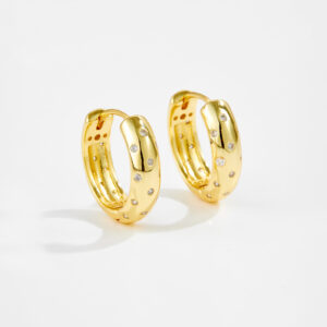 White Copper Gold Plated Round Huggie Earrings with Flush-Set CZ Accents, Size 20mm Length, 16mm Inner Width-TTE116