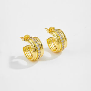 White Copper Gold Plated Multi-Row CZ Paved Stud Earrings, Size 15mm Length, 7.7mm Width-TTE112