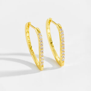 White Copper Gold Plated Angular V-Shaped CZ Paved Huggie Earrings, Size 23.5mm Length, 12.5mm Inner Width-TTE129