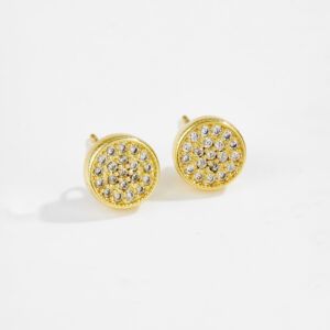 White Copper Gold Plated Round CZ Paved Stud Earrings, Size 9mm Width-TTE117