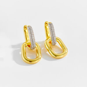 White Copper Gold Plated Rectangular Link Huggie Earrings with CZ Paved Top, Size 30mm Length, 8mm Inner Width-TTE130