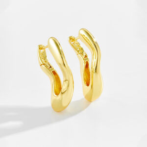 White Copper Gold Plated Curved Organic Shaped Huggie Earrings, Size 32mm Length, 8mm Inner Width-TTE131