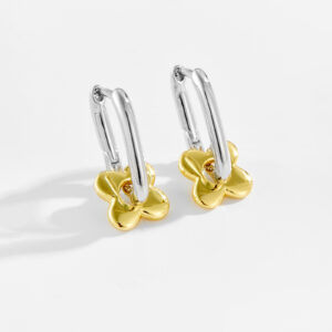 White Copper Gold Plated Rectangular Huggie Earrings with Gold-Tone Floral Accents, Size 23mm Length, 7.5mm Inner Width-TTE132