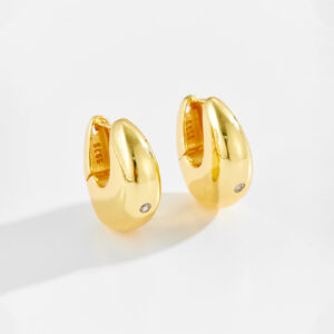 White Copper Gold Plated Chunky Dome Huggie Earrings with Single Bezel-Set CZ, Size 17mm Length, 7.5mm Inner Width-TTE133