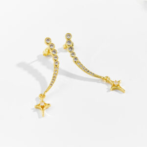 White Copper Gold Plated Star Charm Linear Drop Earrings with CZ Accents, Size 41mm Length, 3.5mm Width-TTE134