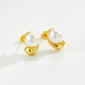 White Copper Gold Plated Asymmetric Wrap Stud Earrings with Pearl Accents, Size 11.5mm Length, 8mm Width-TTE136
