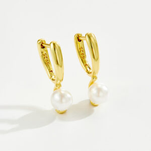 White Copper Gold Plated Geometric Open Stud Earrings with Pearl Accents,Size 19.5mm Length, 7mm Width-TTE137