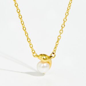 White Copper Gold Plated Wrapped Pearl Pendant Necklaces, Pendant 9.5×5.5mm-TTE042