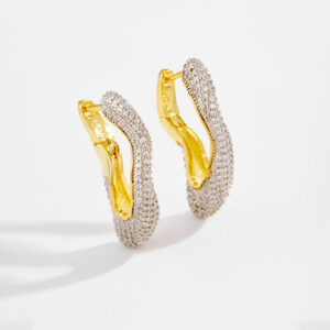 White Copper Gold Plated Two-Tone Curved Huggie Earrings with Paved CZ, Size 32.5mm Length, 7mm Inner Width-TTE109