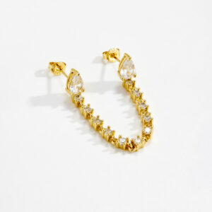 White Copper Gold Plated Double Post Chain Stud Earrings, 4×6mm White Teardrop Main Stone, 60mm Stone Chain-TTE102