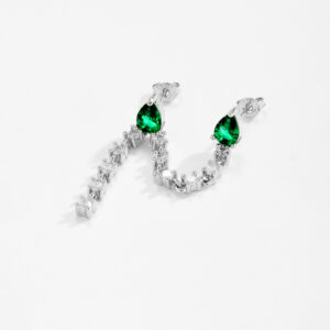 White Copper Gold Plated Double Post Chain Stud Earrings, 4×6mm Green Teardrop Main Stone, 60mm Stone Chain-TTE101