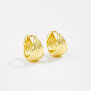 White Copper Gold Plated Ribbed Textured Huggie Earrings, Size 14mm Length, 10mm Width-TTE111