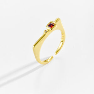 White Copper Gold Plated Adjustable Ring, 4.5mm Width, Angled Design, Bezel-Set Accent (CZ/Pearl/Opal, Multi-Color Options), Smooth Polished Band-TTR180