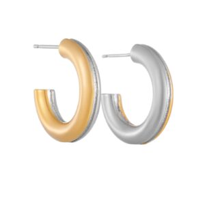 Brass Gold Plated Two-Tone Hoop Earrings, Height 21mm, Inner Diameter 13mm, Mixed Matte & Polished Finish-HTE007
