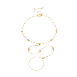 925 Silver 18K Gold Plated Bezel-Set CZ Hand Chain with Finger Ring, Size 20cm, CZ 3mm, Spacing 15mm, Chain Tassel 30mm-MMB167