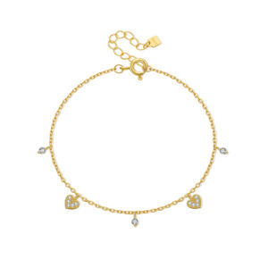 925 Silver 18K Gold Plated Beaded Edge CZ Paved Heart Bracelet with 2-Prong Set White CZ, Size 15+3cm, Heart 5mm, CZ 2mm, Spacing 15mm-MMB172