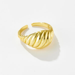 White Copper Gold Plated Diagonal Ribbed Open Dome Ring, 11.5mm Top Width-TTR072