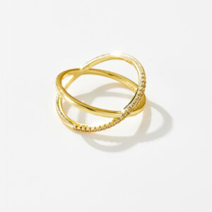 White Copper Gold Plated X-Shaped Half Paved CZ Ring, 1.5mm Band Width-TTR021