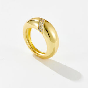 White Copper Gold Plated Curved Band Half Paved CZ Ring, 8.5mm Band Width-TTR024