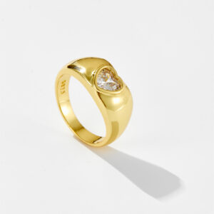 White Copper Gold Plated Curved Dome Ring with 6x6mm Heart Stone, 9mm Band Width-TTR077