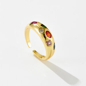 White Copper Gold Plated Smooth Dome Open Band Ring with Mixed Cut Multi-Color Stones, 6mm Band Width-TTR080