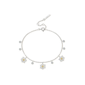 925 Silver Three Daisy Bracelet with Yellow CZ & 6 Bezel-Set CZ, Size 15+3cm, Charm 6.5mm, CZ 3mm, Spacing 10mm-MMB166
