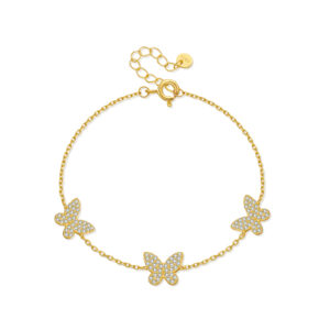 925 Silver 18K Gold Plated Three Paved CZ Butterfly Station Bracelet, Size 15+3cm, Butterfly 8x9.5mm, Spacing 15mm-MMB168