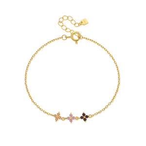 925 Silver 18K Gold Plated Tri-Color CZ Flower Cluster Bracelet, Size 15+3cm, Charm 20mm, Single Flower 5.5mm-MMB170