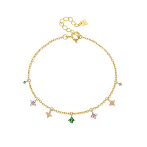 925 Silver 18K Gold Plated Multi-Color CZ Floral Station Bracelet, Size 15+3cm, Charm 4.5mm, CZ 2.5mm, Spacing 10mm-MMB171