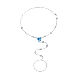 925 Silver Heart Cut Blue CZ Tassel Hand Chain with Finger Ring, Size 21cm, CZ 3.3mm, Heart 8mm, Spacing 10mm, Tassel 70mm-MMB173