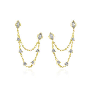 925 Silver 18K Gold-Plated Marquise CZ Double Chain Drop Earrings-MME712-2