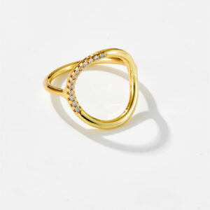 White Copper Gold Plated Open Circle Half Paved CZ Slim Band Ring, 17mm Band Width-TTR038