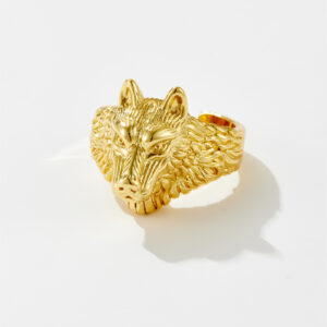 White Copper Gold Plated 3D Wolf Head Band Ring, 17mm Band Width-TTR042