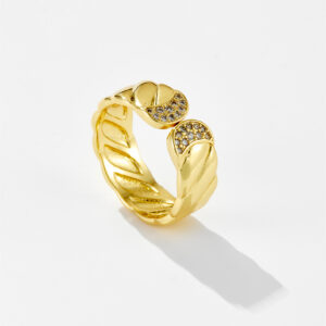 White Copper Gold Plated Twisted Open Band Ring with Paved CZ Accent, 6.5mm Band Width-TTR059