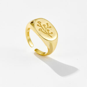White Copper Gold Plated Engraved Floral Disc Open Ring, 4mm Height-TTR017