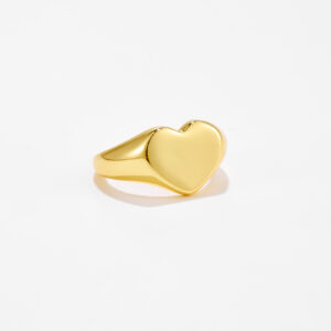 White Copper Gold Plated Heart-Shaped Signet Ring, 12mm Width, Smooth Polished Finish with Slim Band-TTR094
