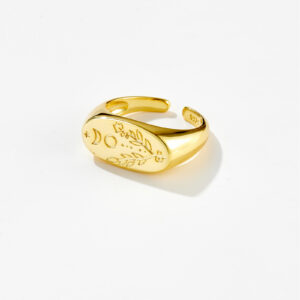 White Copper Gold Plated Star, Moon, Sun & Floral Engraved Smooth Slim Band Ring, 3.81mm Band Width-TTE039