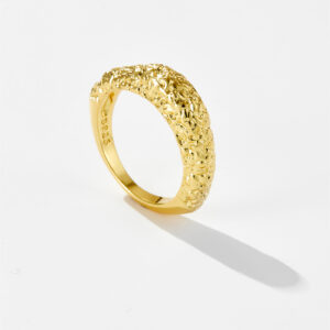 White Copper Gold Plated Curved Dome Ring with Half Fragmented Gold Grain Texture, 5.5mm Band Width -TTR074