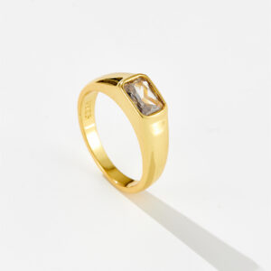 White Copper Gold Plated Tapered Dome Ring with 7x5mm Rectangle Stone, 6.1mm Band Width-TTR076