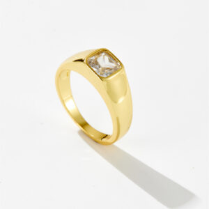 White Copper Gold Plated Square Stone Solitaire Band Ring, 6x6mm Stone, 9.5mm Band Thickness-TTR075