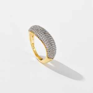 White Copper Gold Plated Fluid Rounded Half-Pave CZ Band Ring, 6.5mm Band Width, Smoothly Transitioning from Slim Shank to Plump Teardrop Dome-TTR091
