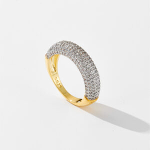 White Copper Gold Plated Half-Pave CZ Curved Band Ring, 6mm Band Width, Sleek Domed Profile with Paved CZ Center-TTR092