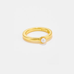White Copper Gold Plated Solitaire Pearl Band Ring, 5mm Band Width, Featuring 3.5mm Freshwater Pearl-TTR097