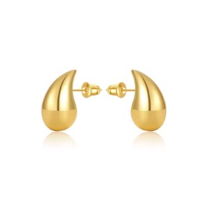 Brass Gold Plated Teardrop Stud Earrings, Medium Size, 26mm Height × 12.5mm Width, Polished Smooth Design-HTE002