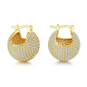 Brass Gold Plated Pave Hoop Earrings, Outer Height 16.5mm × Width 14mm, Inner Diameter 7mm, Full Clear CZ Paved Design-HTE006