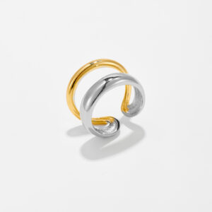 White Copper Gold Plated Two-Tone Wrap Open Ring, 14mm Width, 8mm Top, Sleek Curved Band -TTR106