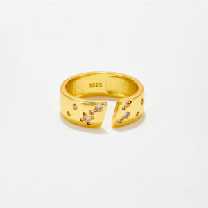 White Copper Gold Plated Constellation Open Ring, 22x7mm Size, Scattered CZ Accents, Polished Wide Band-TTR110