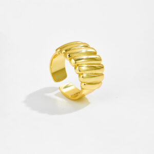 White Copper Gold Plated Ribbed Open Ring, 22x13.5mm Size, Polished Grooved Design, Adjustable Slim Band-TTR112