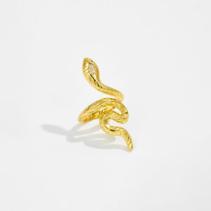 White Copper Gold Plated Coiled Snake Open Ring, 42x19mm Size, CZ Accent Eyes, Textured Scaled Band-TTR120