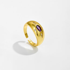 White Copper Gold Plated Domed Open Ring, 21x9mm Size, Oval Amethyst CZ Accent with Tiny CZ Accents, Smooth Polished Band-TTE116